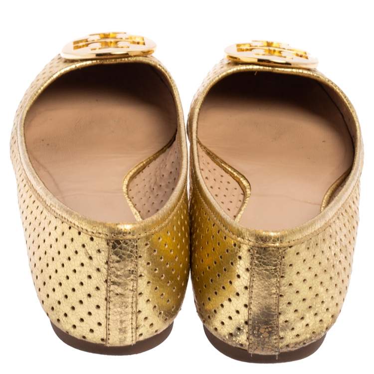 Pre Owned Tory Burch Gold Leather Reva Ballet Flats Size 40.5