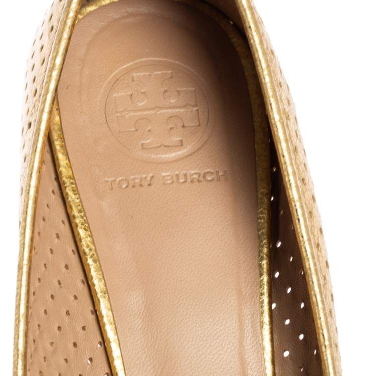 Pre Owned Tory Burch Gold Leather Reva Ballet Flats Size 40.5