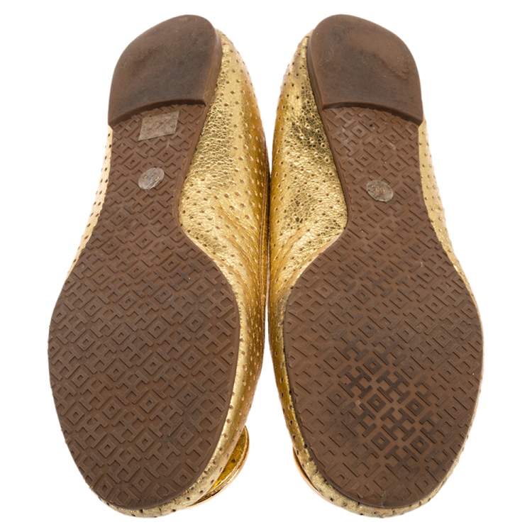 Pre Owned Tory Burch Gold Leather Reva Ballet Flats Size 40.5