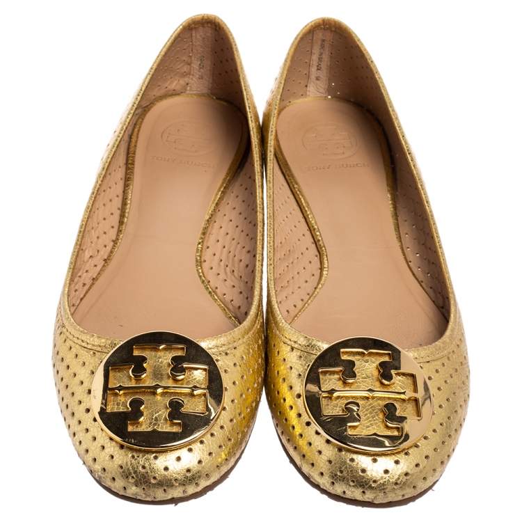 Pre Owned Tory Burch Gold Leather Reva Ballet Flats Size 40.5