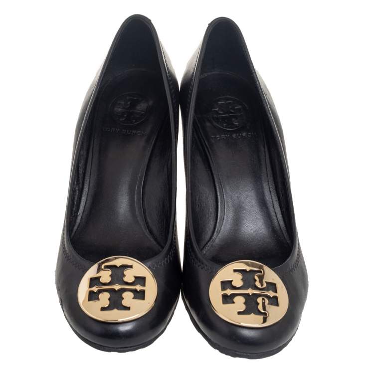 Pre Owned Tory Burch Black Leather Chelsea Wedge Pumps Size 37