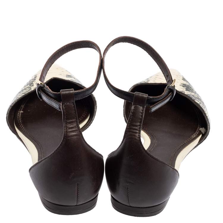 Pre Owned Tory Burch Green/Beige Python Embossed Leather Pointed Toe Ankle Strap Flats Size 37.5