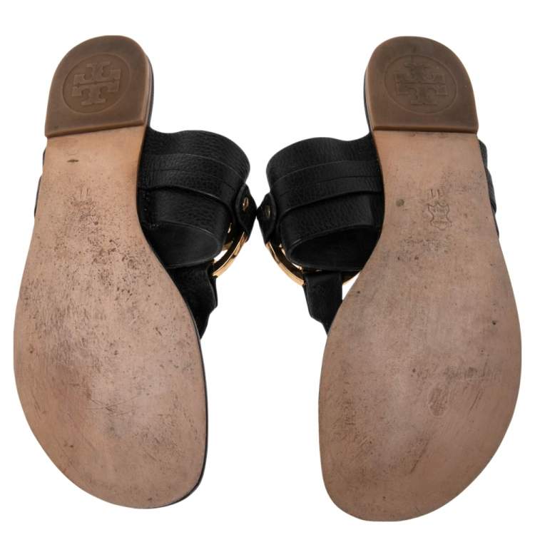 Pre Owned Tory Burch Black Leather Amanda Thong Flat Sandals Size 41