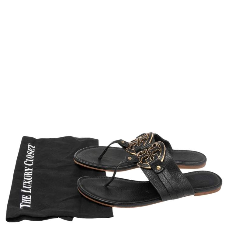 Pre Owned Tory Burch Black Leather Amanda Thong Flat Sandals Size 41