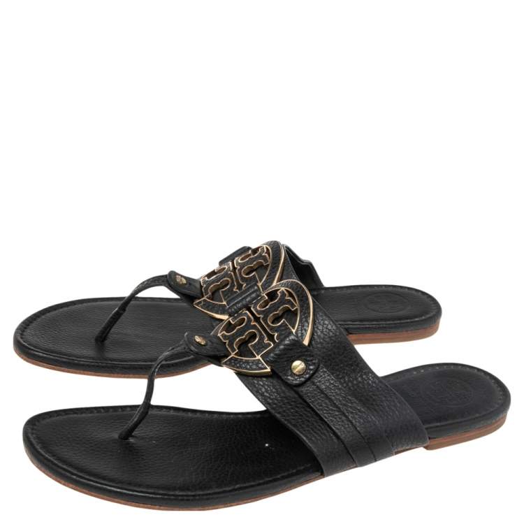 Pre Owned Tory Burch Black Leather Amanda Thong Flat Sandals Size 41