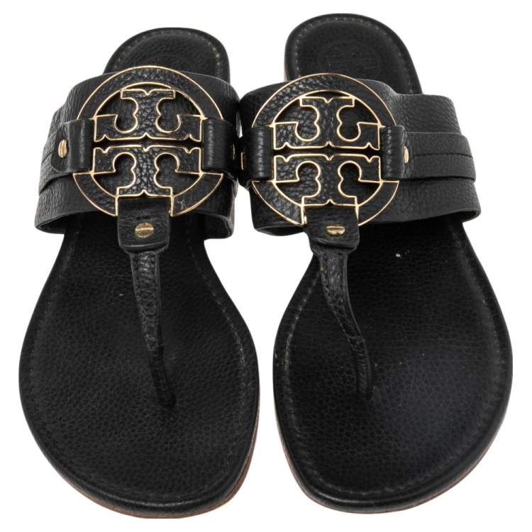 Pre Owned Tory Burch Black Leather Amanda Thong Flat Sandals Size 41