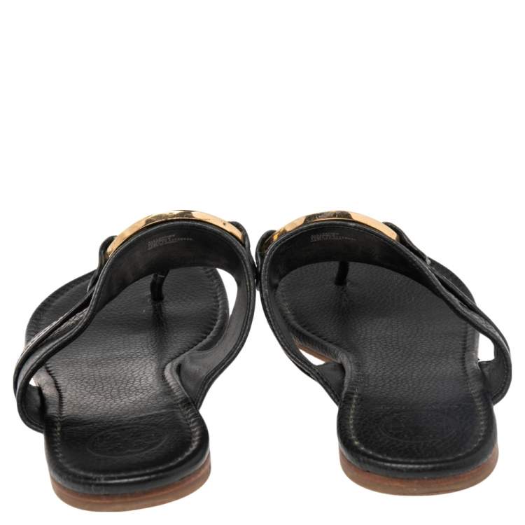 Pre Owned Tory Burch Black Leather Amanda Thong Flat Sandals Size 41