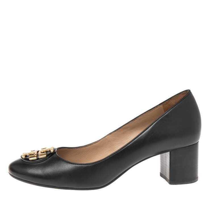 Pre Owned Tory Burch Black Leather Janey Block Heel Pumps Size 37