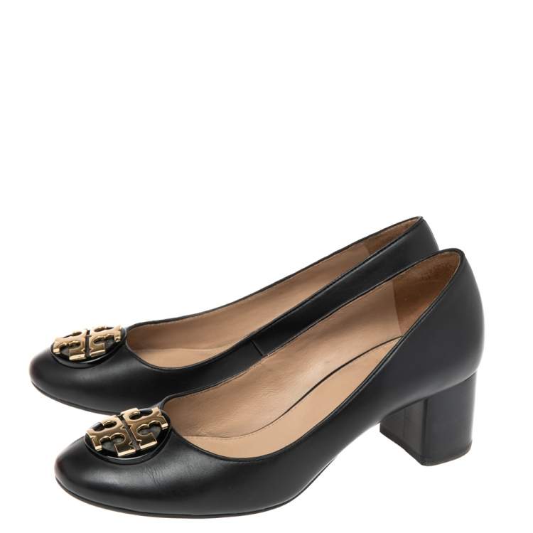 Pre Owned Tory Burch Black Leather Janey Block Heel Pumps Size 37