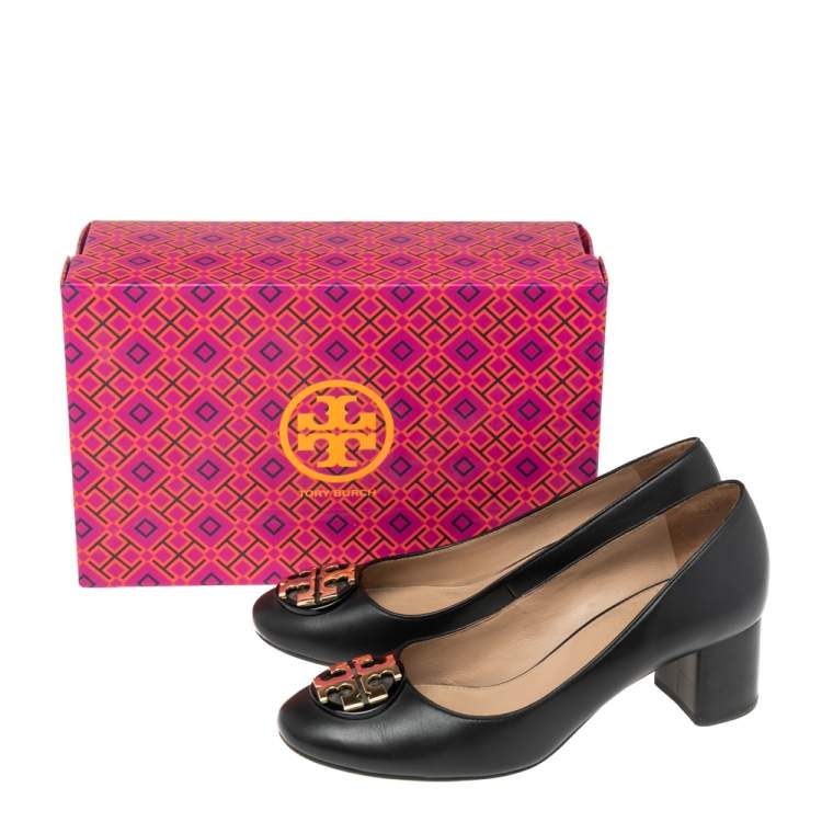 Pre Owned Tory Burch Black Leather Janey Block Heel Pumps Size 37
