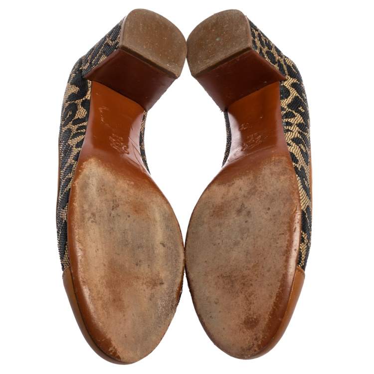 Pre Owned Tory Burch Brown/Beige Leopard Print Woven and Leather Raffia Ethel Block Heel Pumps Size 39