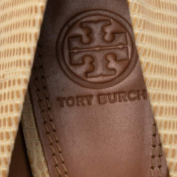 Pre Owned Tory Burch Cream Lizard Embossed Leather Julianne Wedge Pumps Size 39