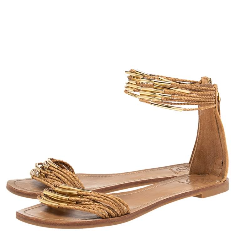 Pre Owned Tory Burch Tan Leather Mignon Braided Flat Sandals Size 38.5