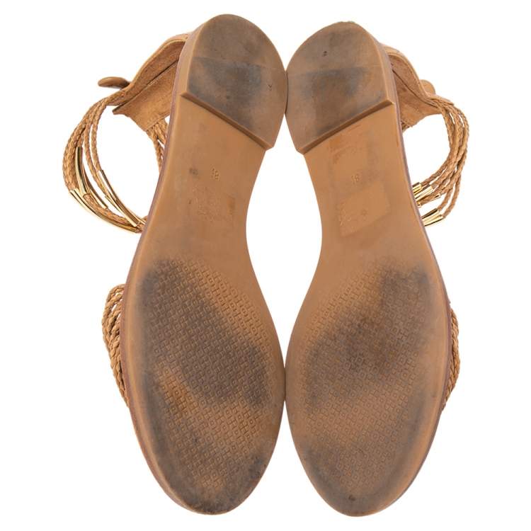 Pre Owned Tory Burch Tan Leather Mignon Braided Flat Sandals Size 38.5