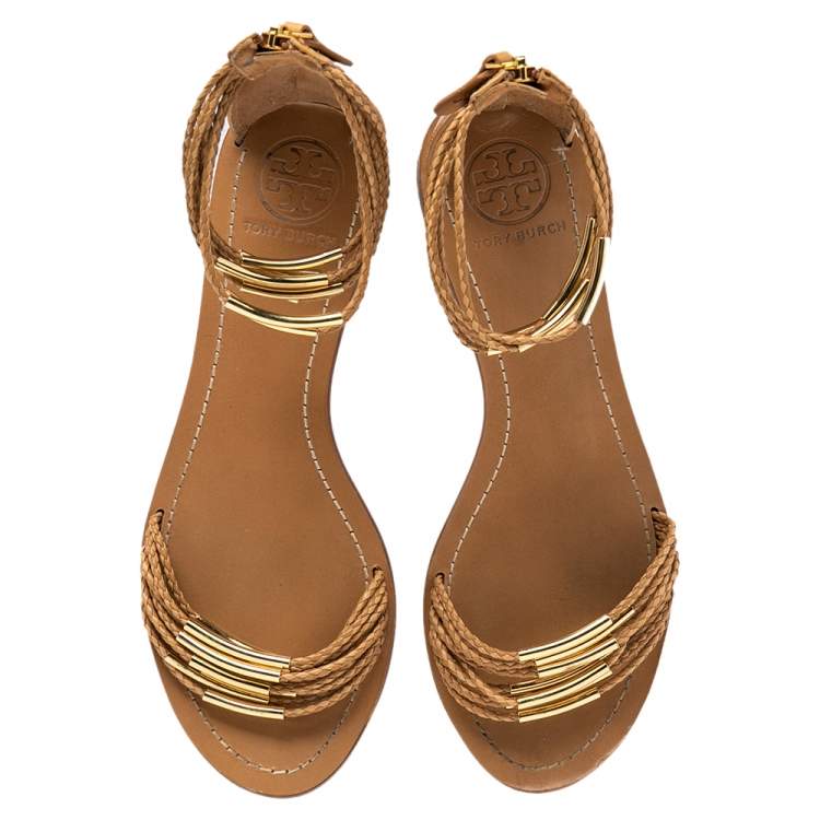 Pre Owned Tory Burch Tan Leather Mignon Braided Flat Sandals Size 38.5