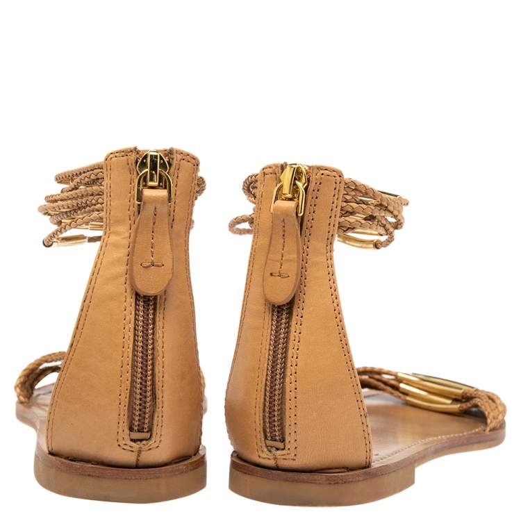 Pre Owned Tory Burch Tan Leather Mignon Braided Flat Sandals Size 38.5