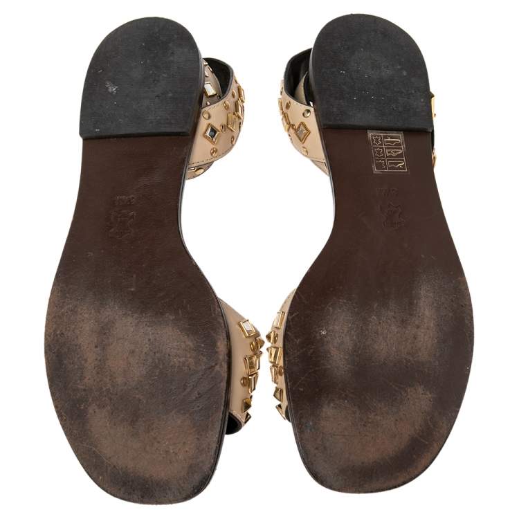 Pre Owned Tory Burch Cream Leather Kingsbridge Embellished Flat Sandals Size 38.5