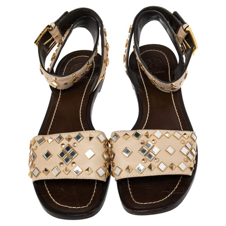 Pre Owned Tory Burch Cream Leather Kingsbridge Embellished Flat Sandals Size 38.5