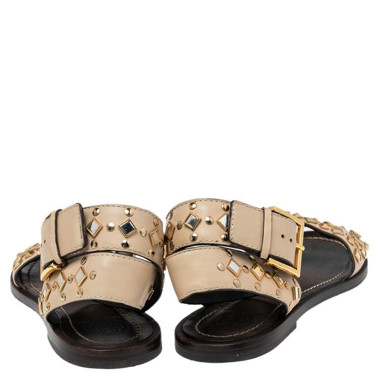 Pre Owned Tory Burch Cream Leather Kingsbridge Embellished Flat Sandals Size 38.5