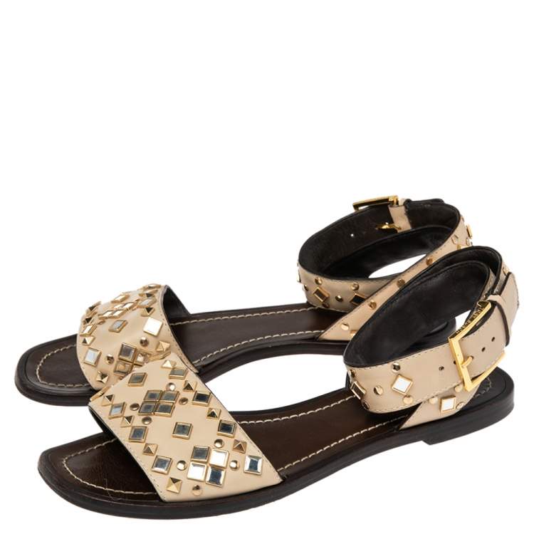 Pre Owned Tory Burch Cream Leather Kingsbridge Embellished Flat Sandals Size 38.5