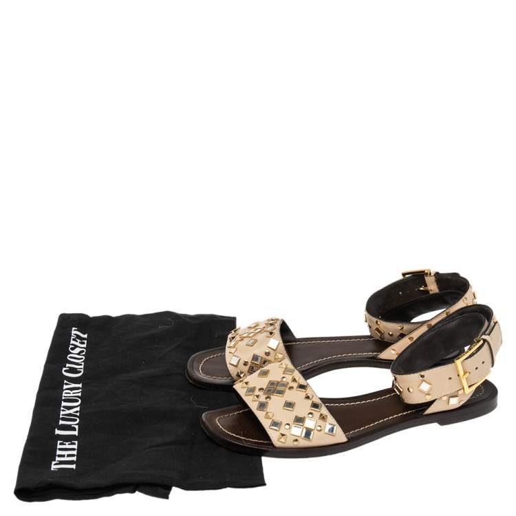 Pre Owned Tory Burch Cream Leather Kingsbridge Embellished Flat Sandals Size 38.5