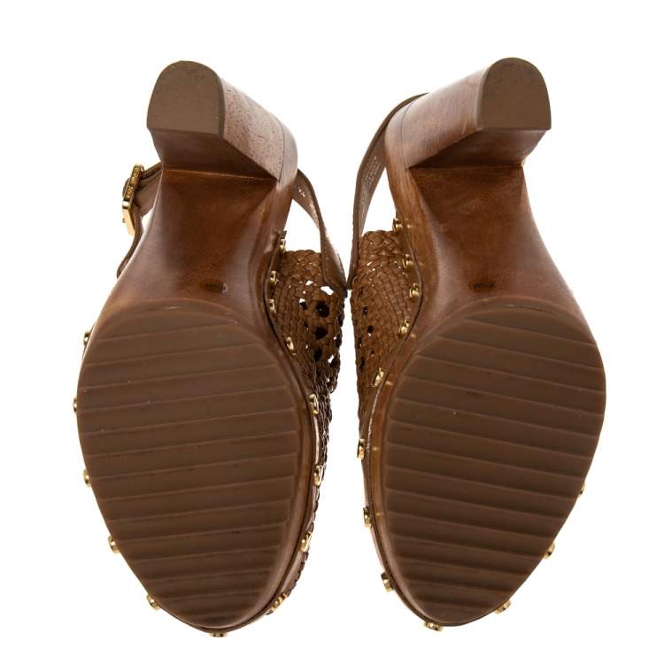 Pre Owned Tory Burch Tan Woven Leather Widdianne Clog Sandals Size 38.5