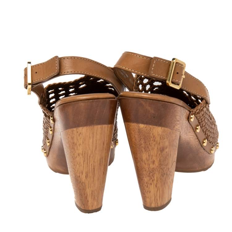 Pre Owned Tory Burch Tan Woven Leather Widdianne Clog Sandals Size 38.5
