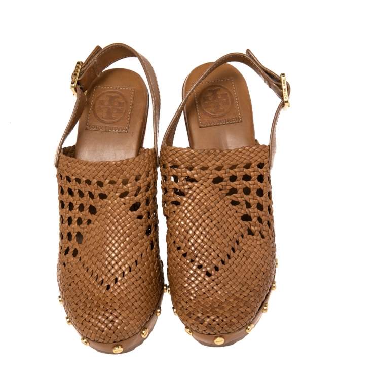 Pre Owned Tory Burch Tan Woven Leather Widdianne Clog Sandals Size 38.5