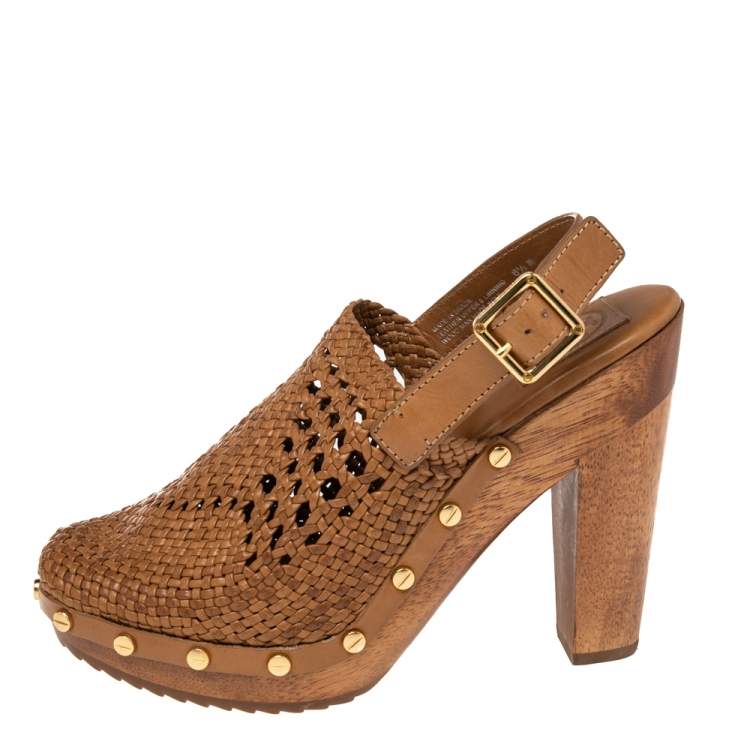 Pre Owned Tory Burch Tan Woven Leather Widdianne Clog Sandals Size 38.5