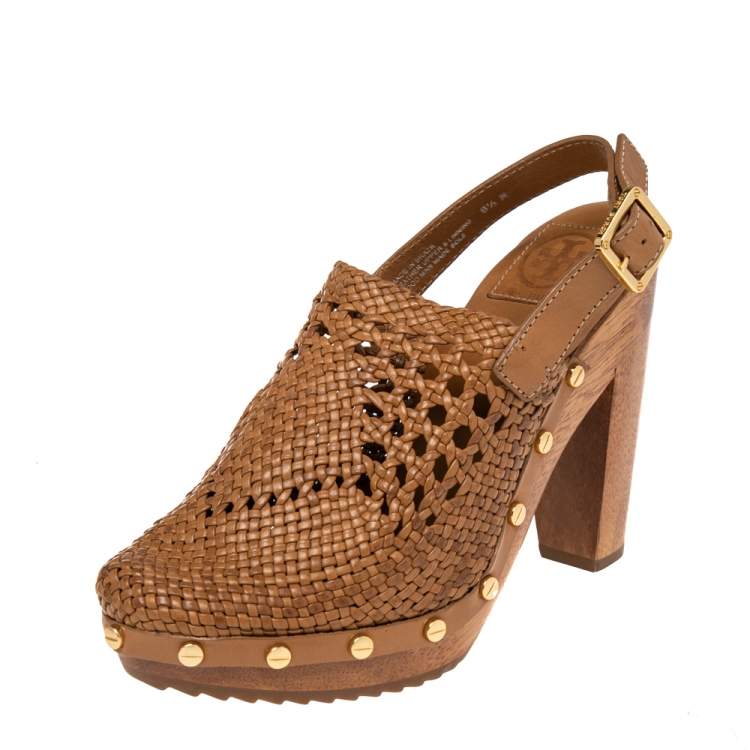 Pre Owned Tory Burch Tan Woven Leather Widdianne Clog Sandals Size 38.5