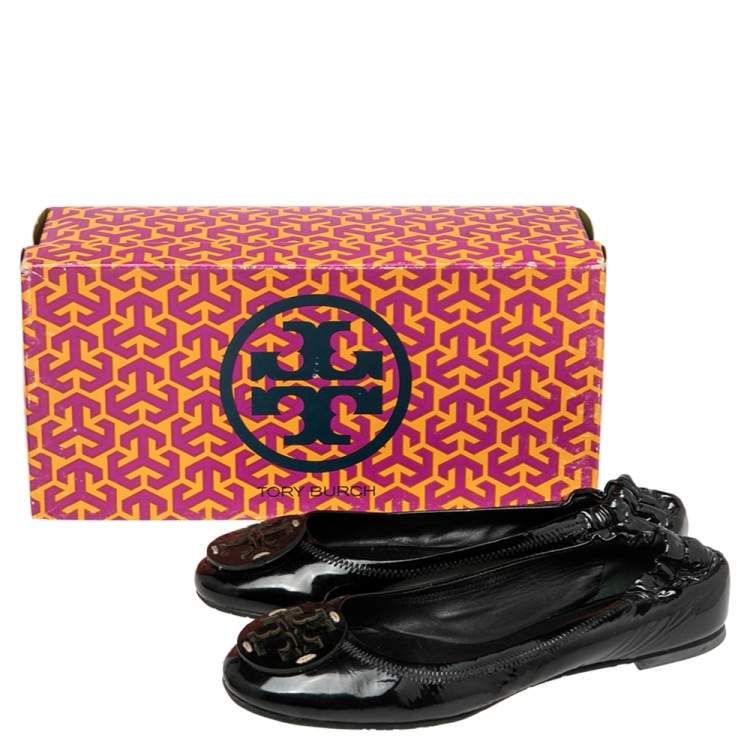 Pre Owned Tory Burch Black Patent  Reva Scrunch Ballet Flats Size 37.5