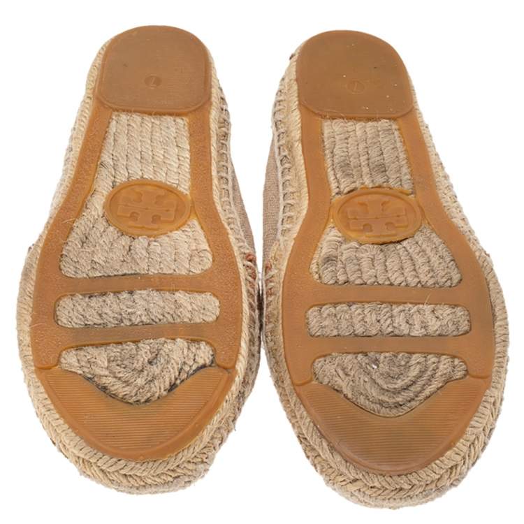 Pre Owned Tory Burch Beige/Brown Canvas Espadrille Flats Size 37