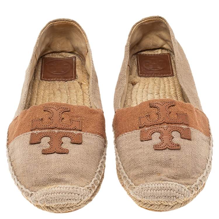 Pre Owned Tory Burch Beige/Brown Canvas Espadrille Flats Size 37