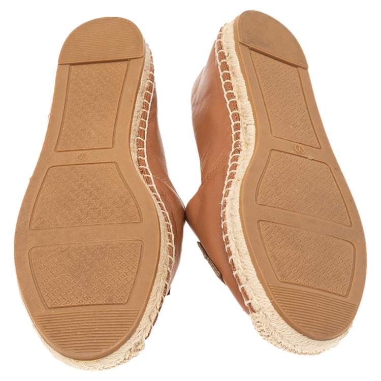 Pre Owned Tory Burch Brown Leather Logo Trim Espadrilles Loafers Size 37