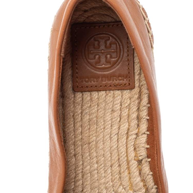 Pre Owned Tory Burch Brown Leather Logo Trim Espadrilles Loafers Size 37