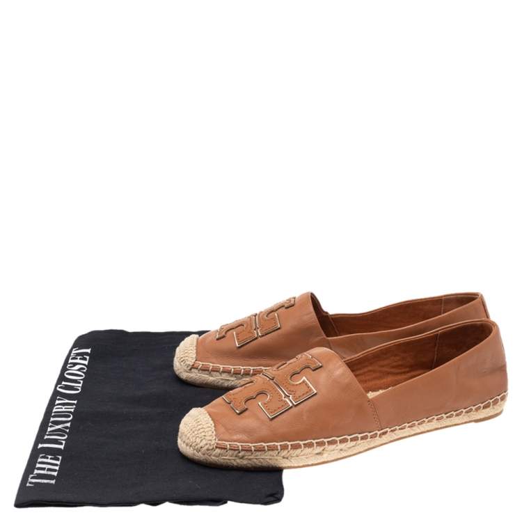 Pre Owned Tory Burch Brown Leather Logo Trim Espadrilles Loafers Size 37