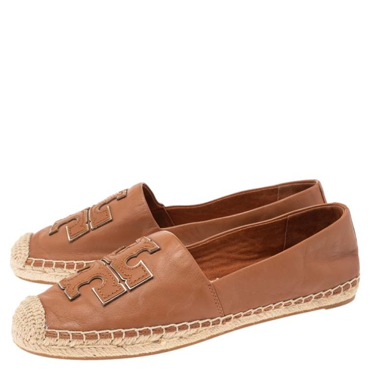 Pre Owned Tory Burch Brown Leather Logo Trim Espadrilles Loafers Size 37