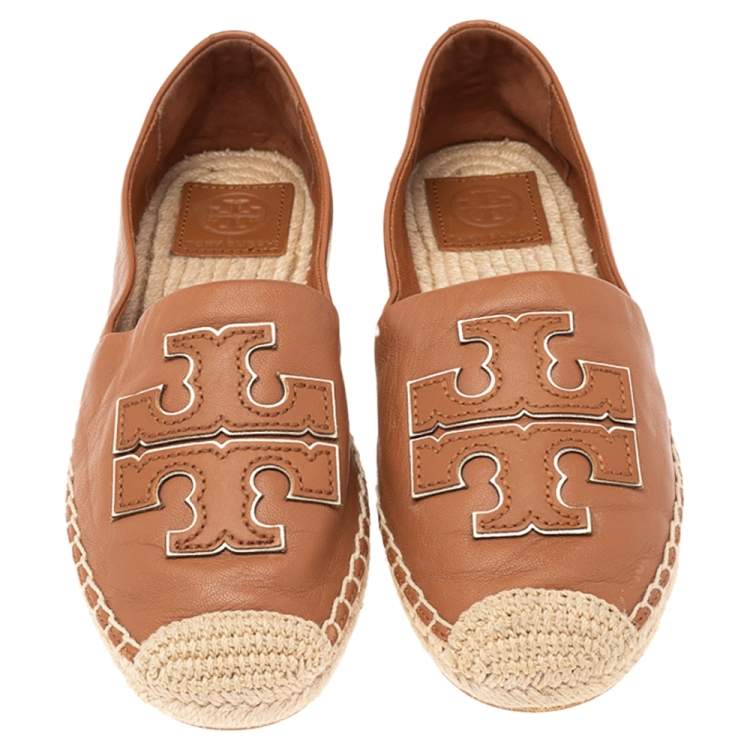 Pre Owned Tory Burch Brown Leather Logo Trim Espadrilles Loafers Size 37