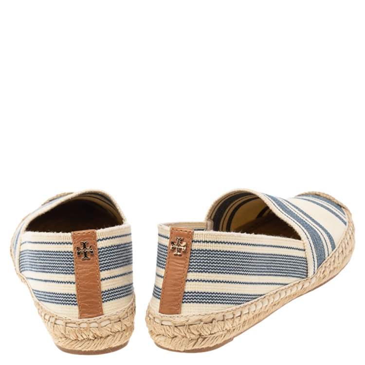 Pre Owned Tory Burch Cream/Blue Striped Canvas Espadrilles Loafers Size 36.5