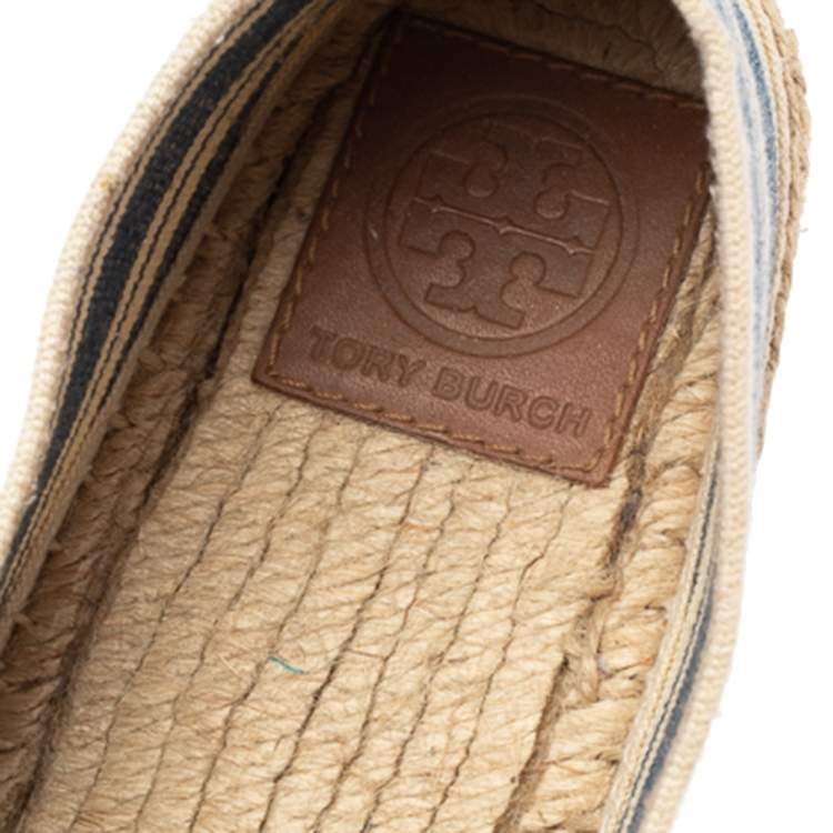 Pre Owned Tory Burch Cream/Blue Striped Canvas Espadrilles Loafers Size 36.5