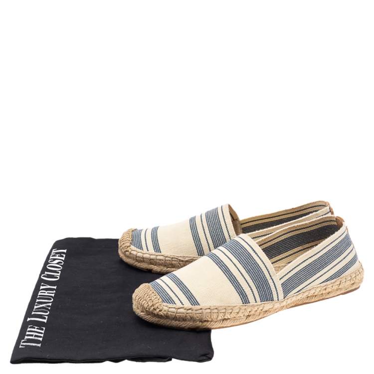 Pre Owned Tory Burch Cream/Blue Striped Canvas Espadrilles Loafers Size 36.5