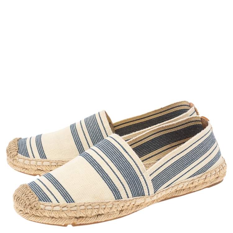 Pre Owned Tory Burch Cream/Blue Striped Canvas Espadrilles Loafers Size 36.5