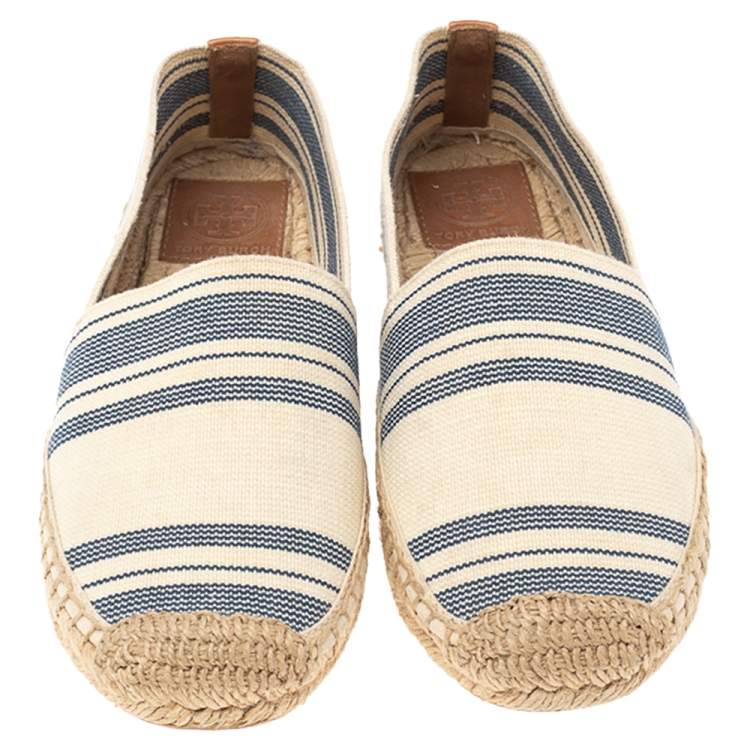 Pre Owned Tory Burch Cream/Blue Striped Canvas Espadrilles Loafers Size 36.5