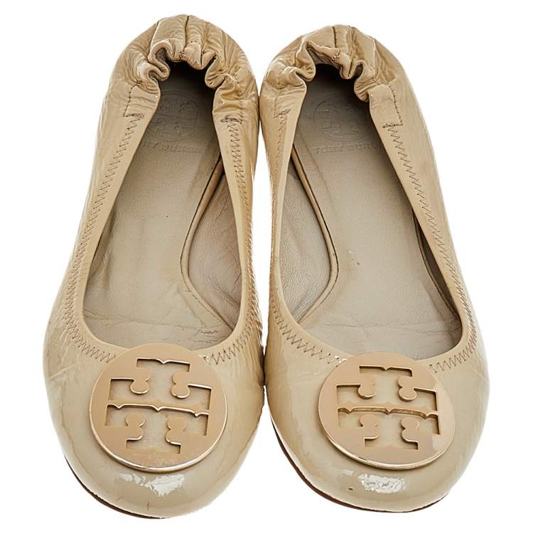 Pre Owned Tory Burch Cream Patent Leather Minnie Ballet Flats Size 40.5