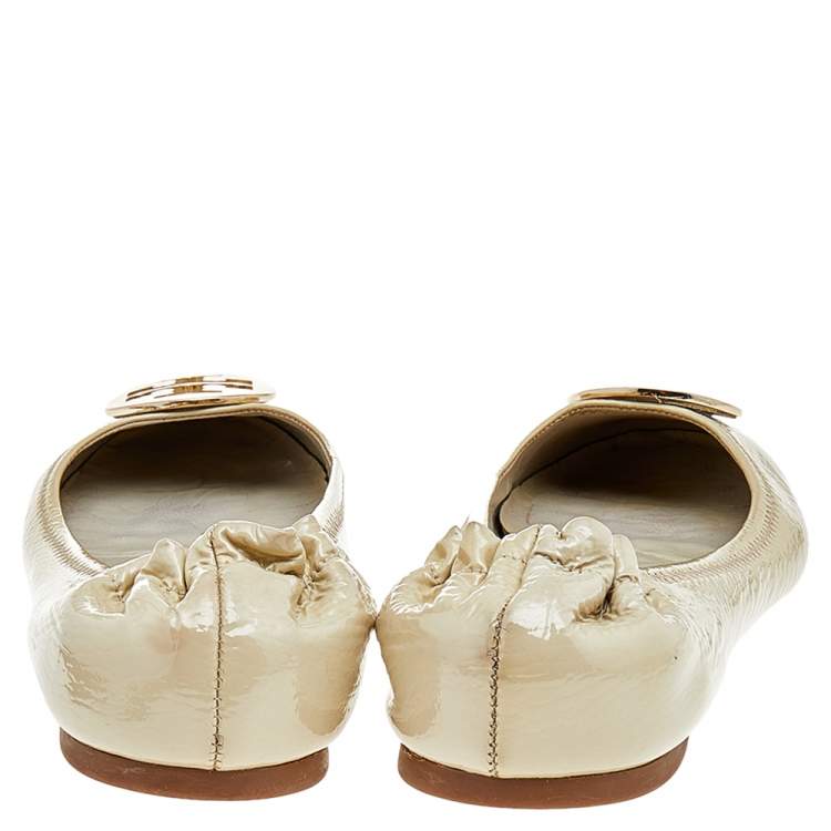 Pre Owned Tory Burch Cream Patent Leather Minnie Ballet Flats Size 40.5