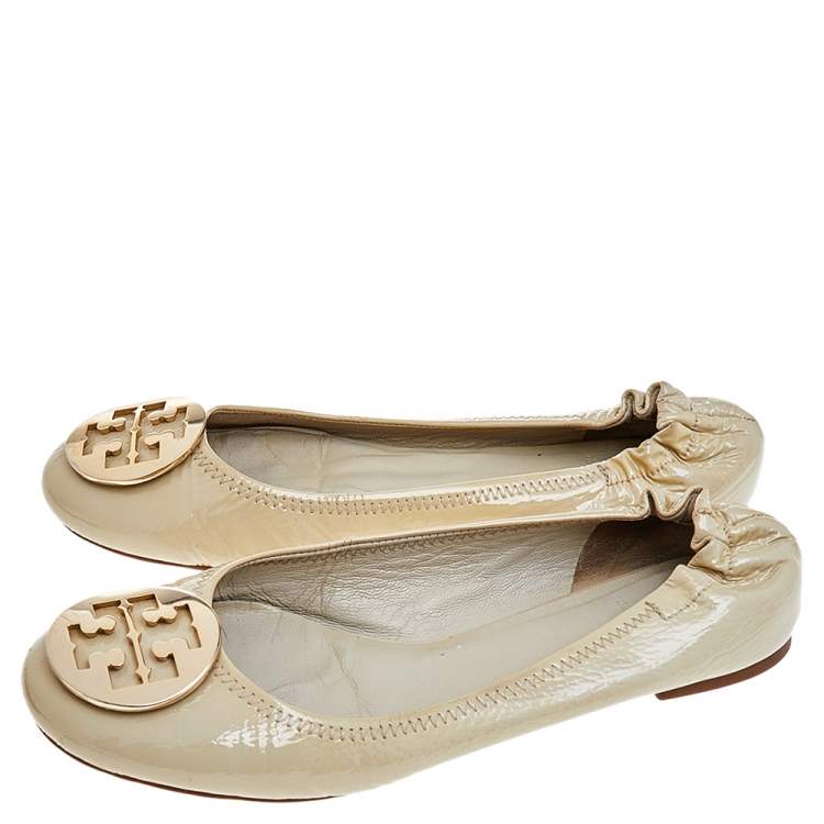 Pre Owned Tory Burch Cream Patent Leather Minnie Ballet Flats Size 40.5