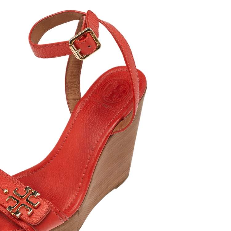Pre Owned Tory Burch Coral Red Leather Open Toe Ankle Strap Wedge Sandals Size 38
