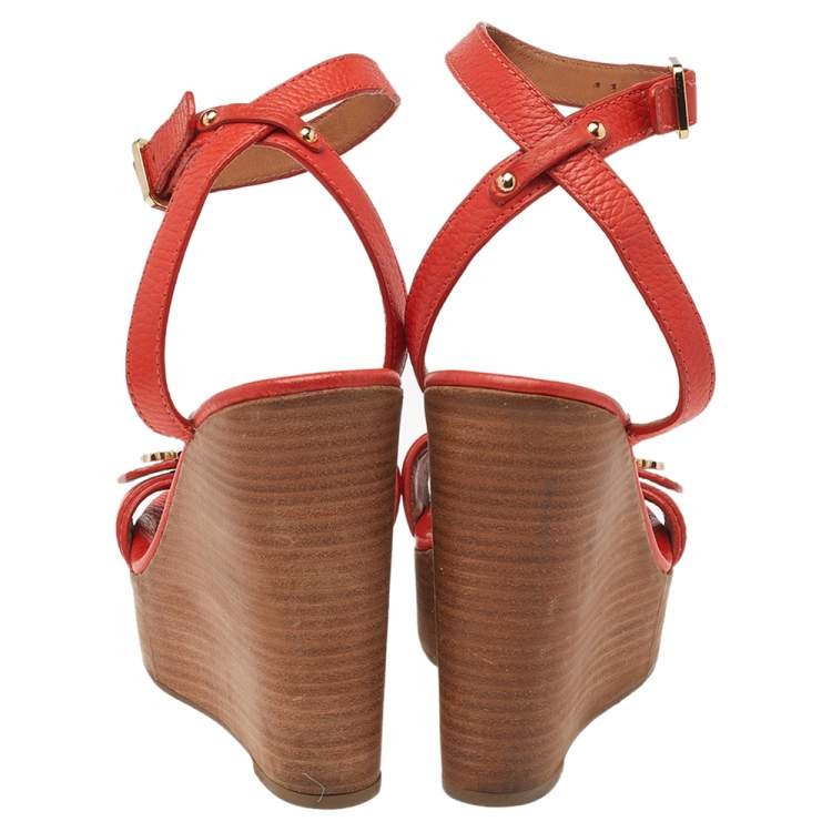 Pre Owned Tory Burch Coral Red Leather Open Toe Ankle Strap Wedge Sandals Size 38