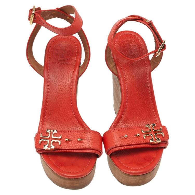 Pre Owned Tory Burch Coral Red Leather Open Toe Ankle Strap Wedge Sandals Size 38