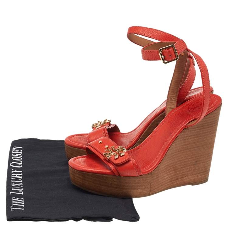 Pre Owned Tory Burch Coral Red Leather Open Toe Ankle Strap Wedge Sandals Size 38